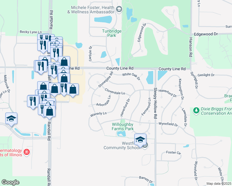 map of restaurants, bars, coffee shops, grocery stores, and more near 1943 Cloverdale Lane in Algonquin