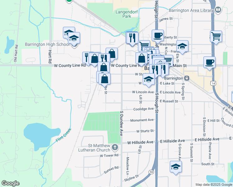 map of restaurants, bars, coffee shops, grocery stores, and more near 311 West Lincoln Avenue in Barrington