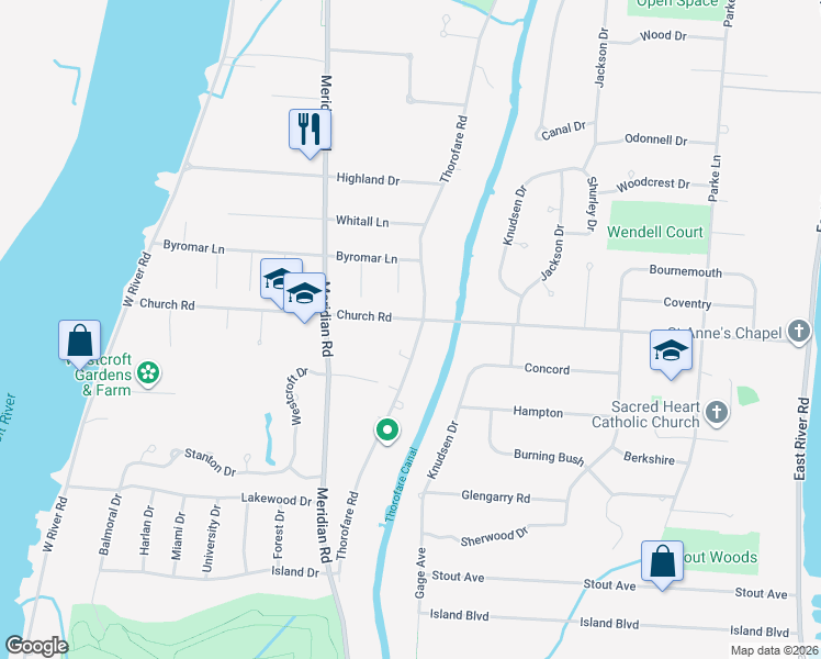 map of restaurants, bars, coffee shops, grocery stores, and more near 21524 Thorofare Road in Grosse Ile Township
