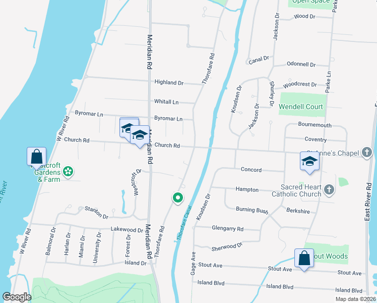 map of restaurants, bars, coffee shops, grocery stores, and more near 21524 Thorofare Road in Grosse Ile Township