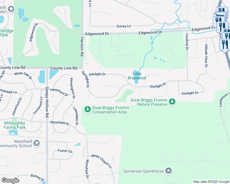 map of restaurants, bars, coffee shops, grocery stores, and more near 1125 Springhill Drive in Algonquin