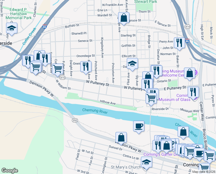 map of restaurants, bars, coffee shops, grocery stores, and more near 1 Woodlawn Avenue in Corning