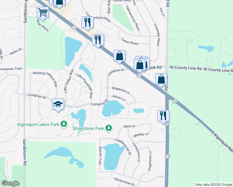 map of restaurants, bars, coffee shops, grocery stores, and more near 2040 Azure Lane in Algonquin