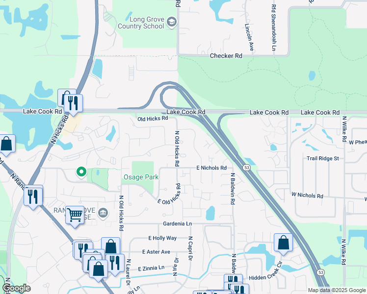 map of restaurants, bars, coffee shops, grocery stores, and more near 1009 Kevin Circle in Palatine