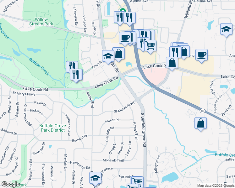map of restaurants, bars, coffee shops, grocery stores, and more near 13 Crestview Terrace in Buffalo Grove