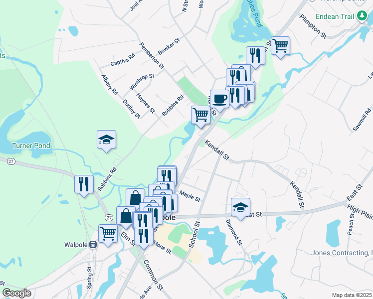 map of restaurants, bars, coffee shops, grocery stores, and more near 801 Main Street in Walpole