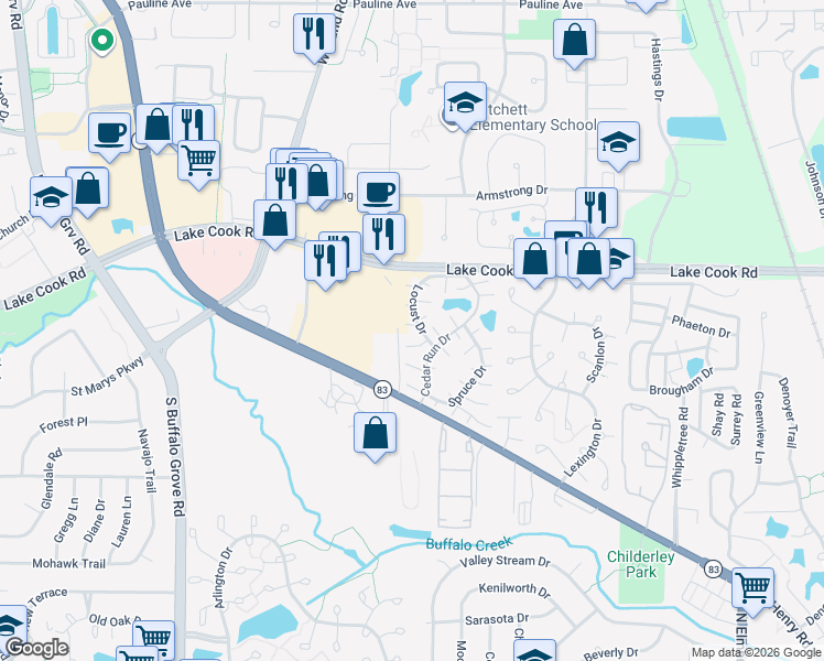 map of restaurants, bars, coffee shops, grocery stores, and more near 1319 Wye Court in Wheeling
