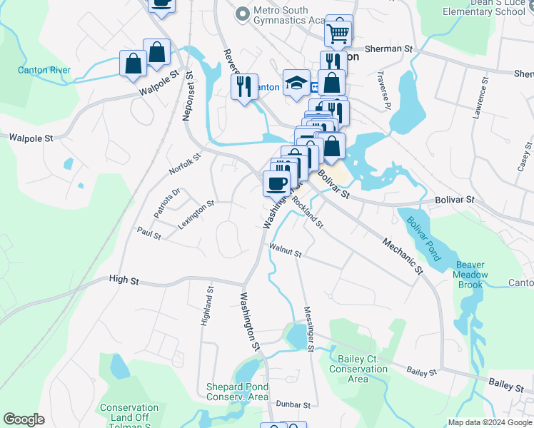 map of restaurants, bars, coffee shops, grocery stores, and more near 12 Capen Place in Canton
