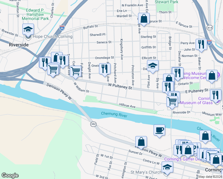 map of restaurants, bars, coffee shops, grocery stores, and more near 196 West Pulteney Street in Corning