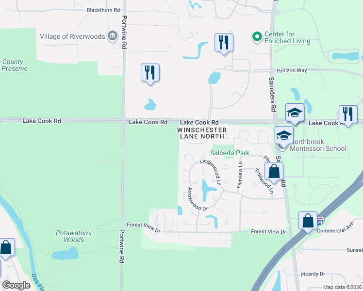 map of restaurants, bars, coffee shops, grocery stores, and more near 4598 Deer Trail in Northbrook
