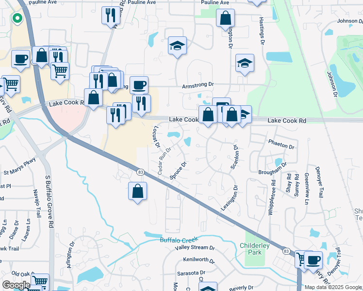 map of restaurants, bars, coffee shops, grocery stores, and more near 1220 Union Court in Wheeling