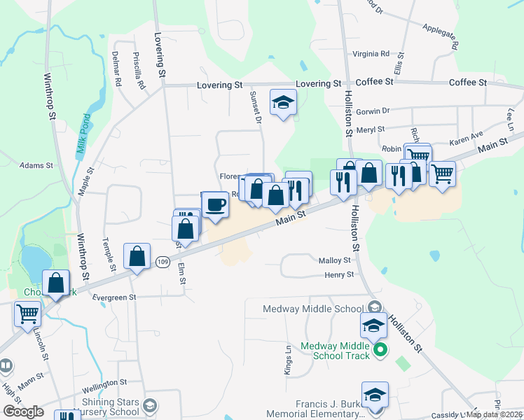 map of restaurants, bars, coffee shops, grocery stores, and more near 80 Main Street in Medway