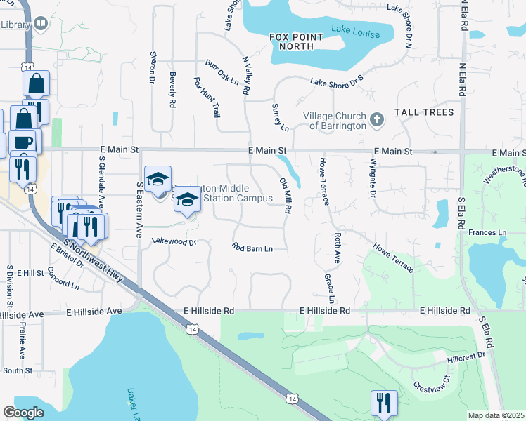 map of restaurants, bars, coffee shops, grocery stores, and more near 330 South Valley Road in Barrington