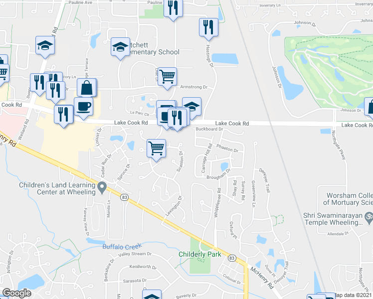 map of restaurants, bars, coffee shops, grocery stores, and more near 1022 Ferndale Court in Wheeling