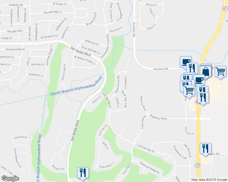 map of restaurants, bars, coffee shops, grocery stores, and more near 12279 Plum Grove Road in Huntley