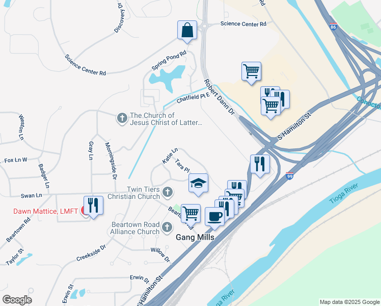map of restaurants, bars, coffee shops, grocery stores, and more near 35 Katie Ln in Painted Post