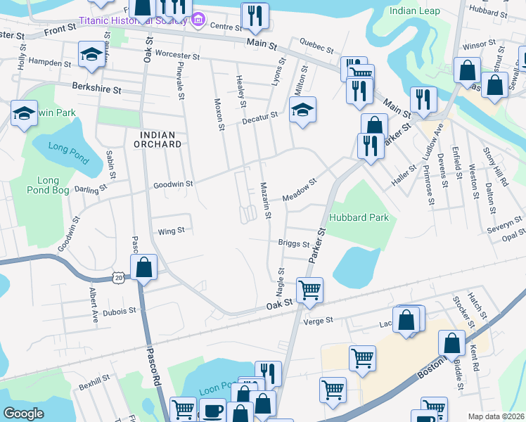 map of restaurants, bars, coffee shops, grocery stores, and more near 146 Mazarin Street in Springfield