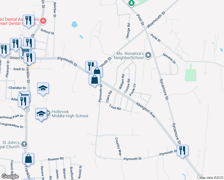 map of restaurants, bars, coffee shops, grocery stores, and more near 3 Clara Road in Holbrook