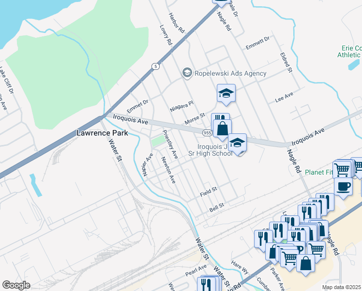 map of restaurants, bars, coffee shops, grocery stores, and more near 844 Rankine Avenue in Erie