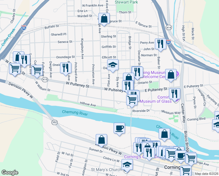 map of restaurants, bars, coffee shops, grocery stores, and more near 73 West Pulteney Street in Corning