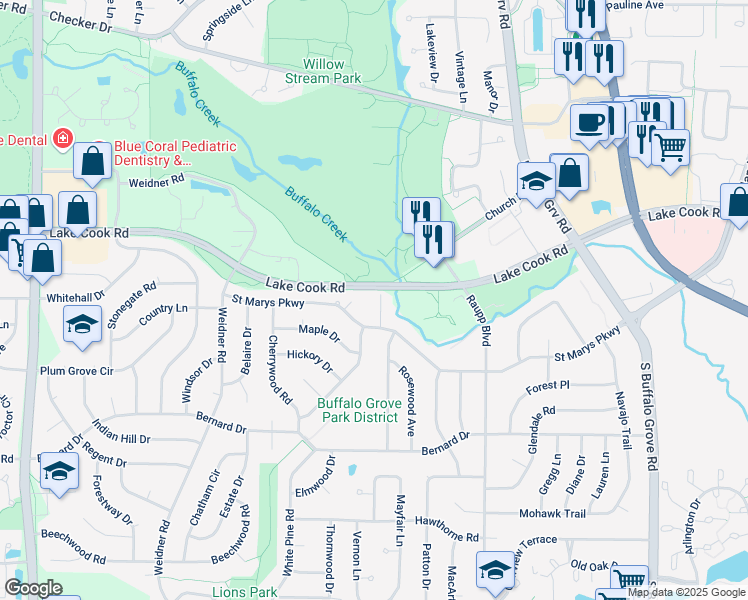 map of restaurants, bars, coffee shops, grocery stores, and more near 130 Mary Lu Lane in Buffalo Grove