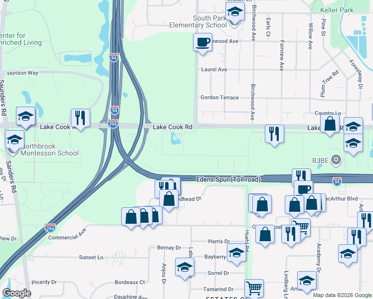 map of restaurants, bars, coffee shops, grocery stores, and more near 1627 Lake Cook Road in Deerfield