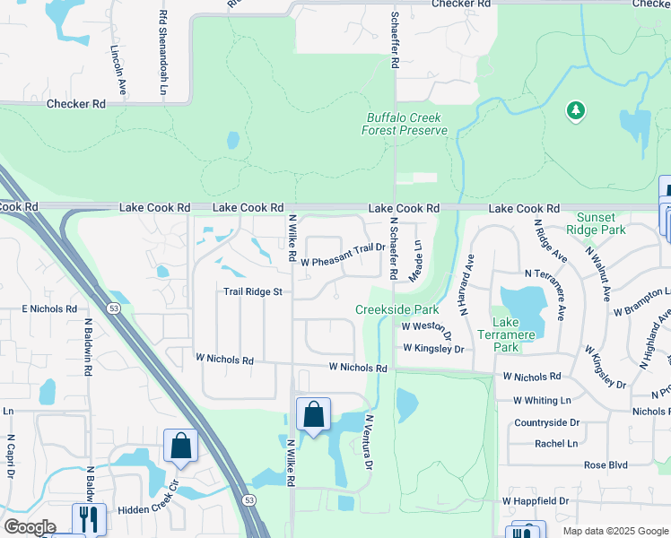 map of restaurants, bars, coffee shops, grocery stores, and more near 4121 Mallard Drive in Arlington Heights