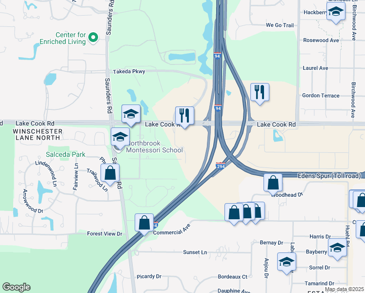map of restaurants, bars, coffee shops, grocery stores, and more near 99 Pointe Drive in Northbrook