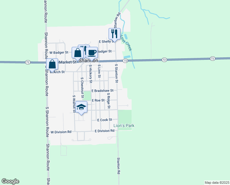map of restaurants, bars, coffee shops, grocery stores, and more near 302 South Stanton Street in Shannon