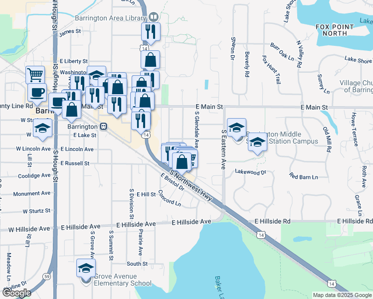 map of restaurants, bars, coffee shops, grocery stores, and more near 215 South Kainer Avenue in Barrington