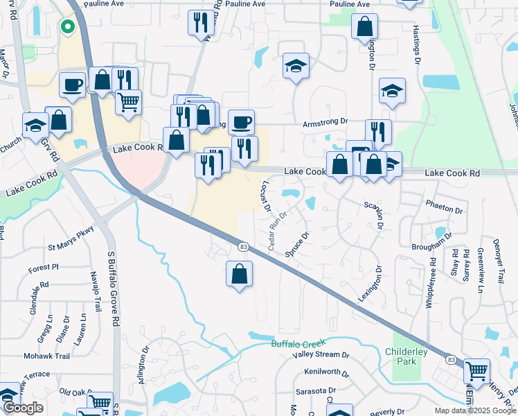 map of restaurants, bars, coffee shops, grocery stores, and more near 1319 Wye Court in Wheeling