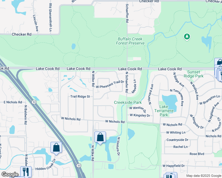map of restaurants, bars, coffee shops, grocery stores, and more near 4121 Mallard Drive in Arlington Heights