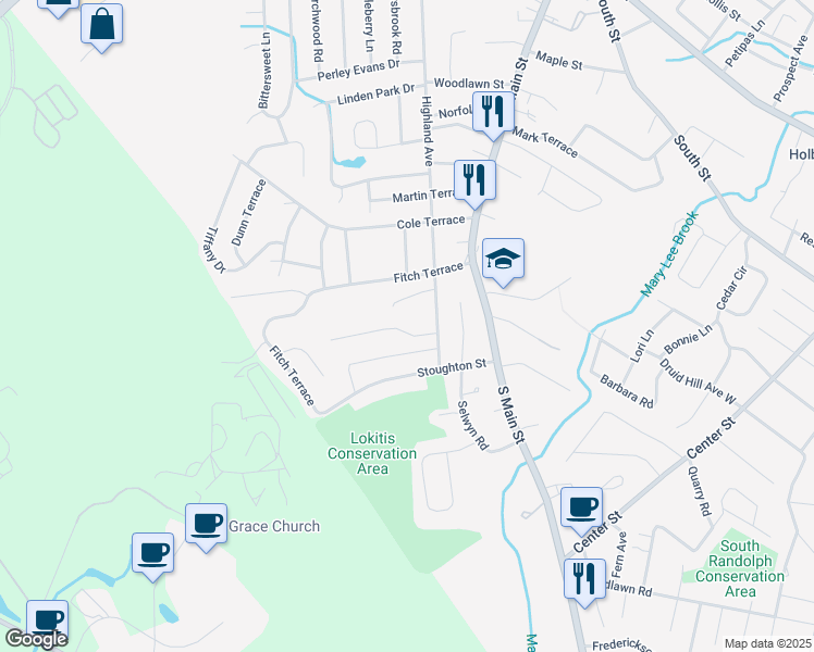 map of restaurants, bars, coffee shops, grocery stores, and more near 3 Virginia Circle in Randolph