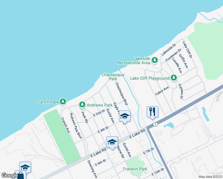 map of restaurants, bars, coffee shops, grocery stores, and more near 19 Eagle Point Blvd in Erie