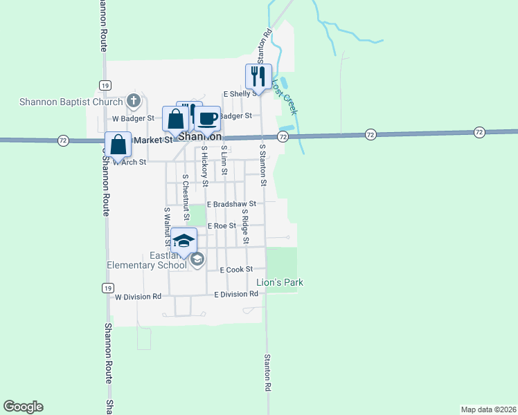 map of restaurants, bars, coffee shops, grocery stores, and more near 302 South Stanton Street in Shannon