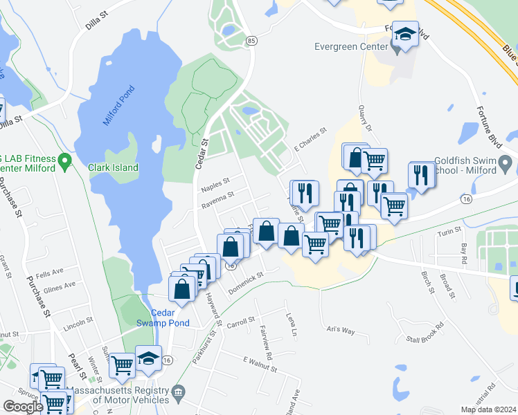 map of restaurants, bars, coffee shops, grocery stores, and more near 2 Cabot Road in Milford