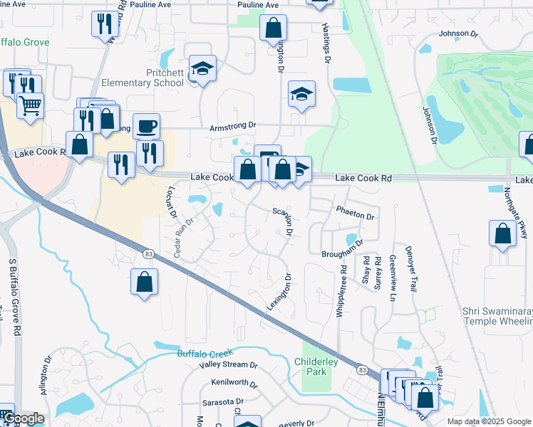 map of restaurants, bars, coffee shops, grocery stores, and more near 697 Oakmont Lane in Wheeling