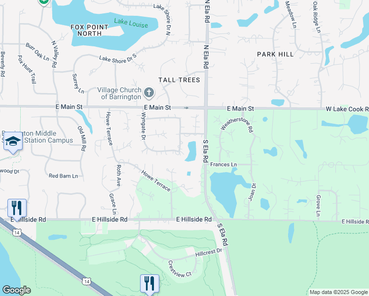 map of restaurants, bars, coffee shops, grocery stores, and more near 151 South Kings Row in Barrington