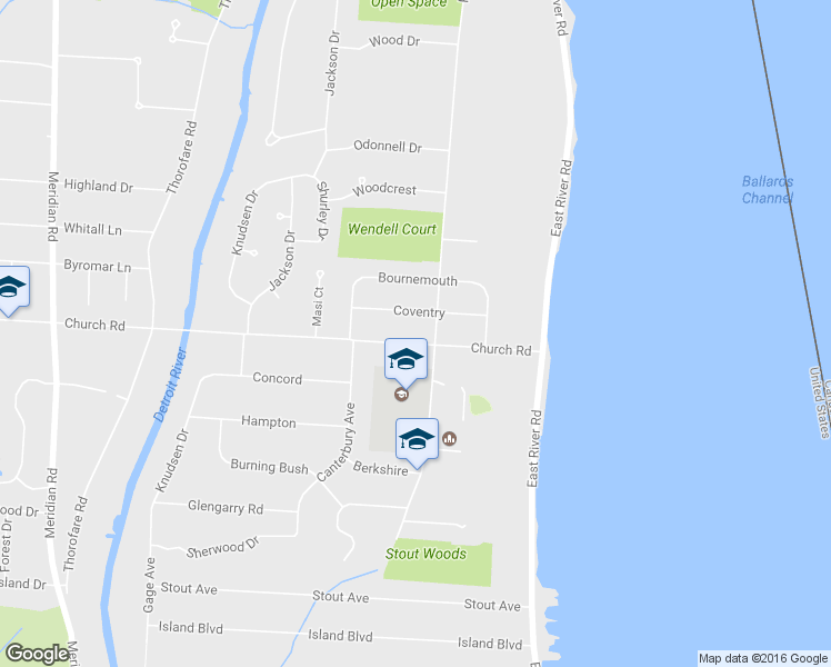 map of restaurants, bars, coffee shops, grocery stores, and more near 7950 Church Road in Grosse Ile Township
