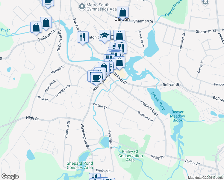 map of restaurants, bars, coffee shops, grocery stores, and more near 27 Howard Street in Canton