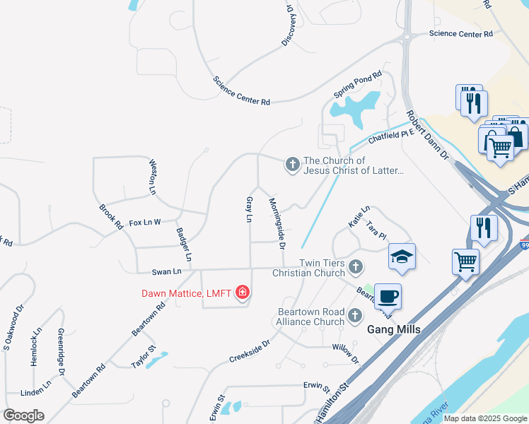 map of restaurants, bars, coffee shops, grocery stores, and more near 2 Manning Pl in Painted Post