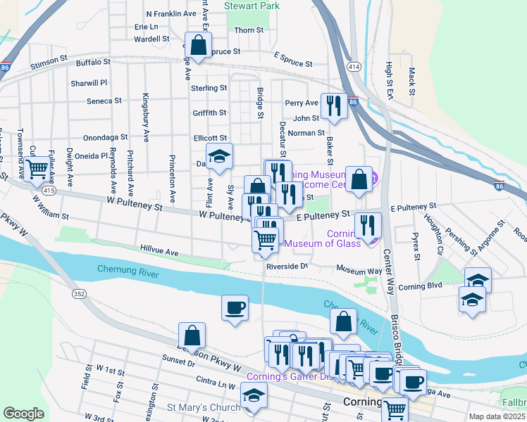 map of restaurants, bars, coffee shops, grocery stores, and more near 108 Bridge Street in Corning