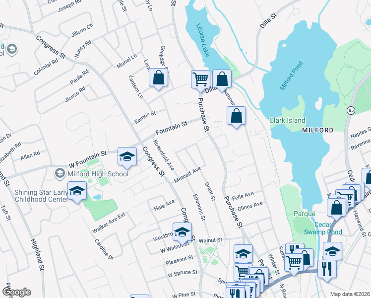 map of restaurants, bars, coffee shops, grocery stores, and more near 5 Grant Street Ext in Milford