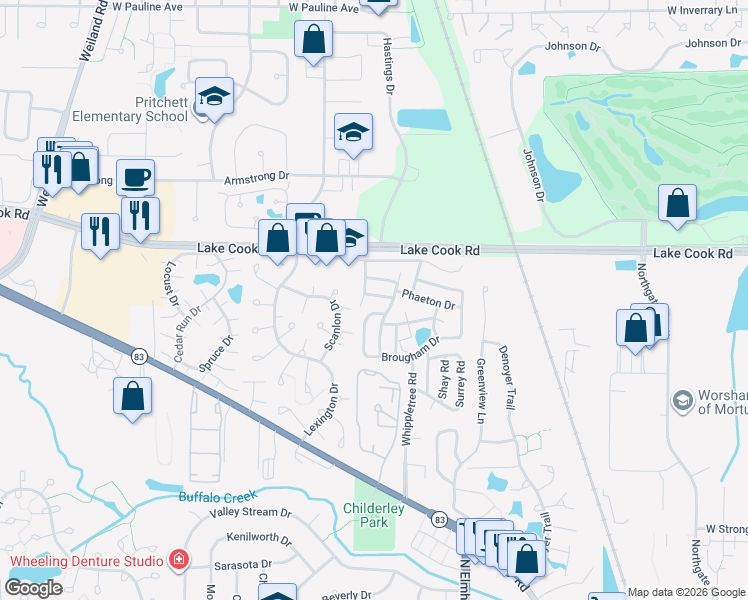 map of restaurants, bars, coffee shops, grocery stores, and more near 51 Phaeton Drive in Wheeling