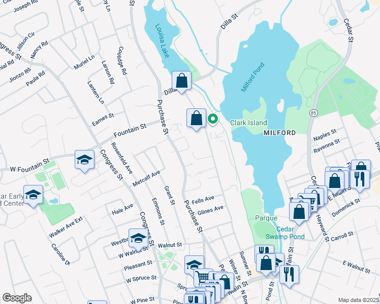 map of restaurants, bars, coffee shops, grocery stores, and more near 11-13 Vicki Lane in Milford