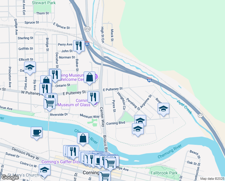map of restaurants, bars, coffee shops, grocery stores, and more near 53 Pyrex Street in Corning