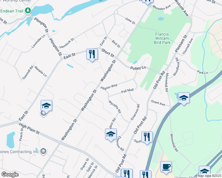 map of restaurants, bars, coffee shops, grocery stores, and more near 9 Pilgrim Way in Walpole