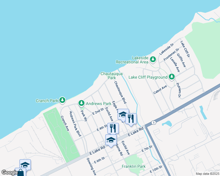 map of restaurants, bars, coffee shops, grocery stores, and more near 19 Eagle Point Blvd in Erie