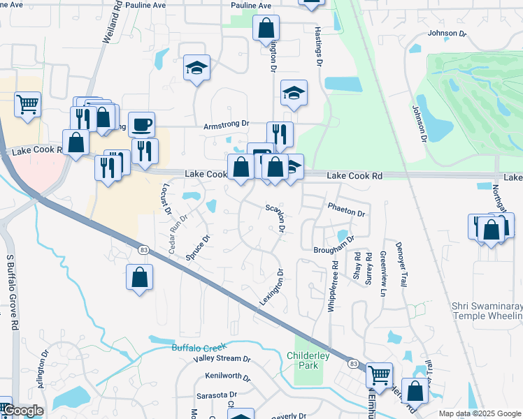 map of restaurants, bars, coffee shops, grocery stores, and more near 697 Oakmont Lane in Wheeling