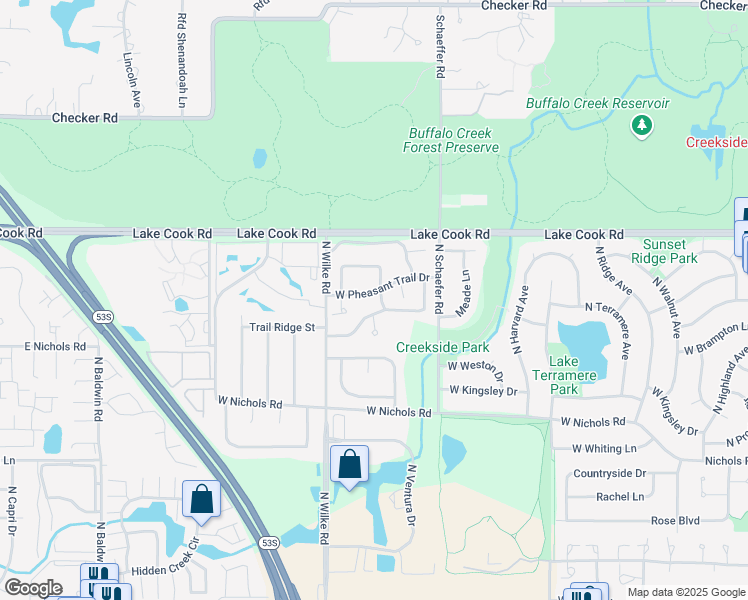 map of restaurants, bars, coffee shops, grocery stores, and more near 4121 Mallard Drive in Arlington Heights